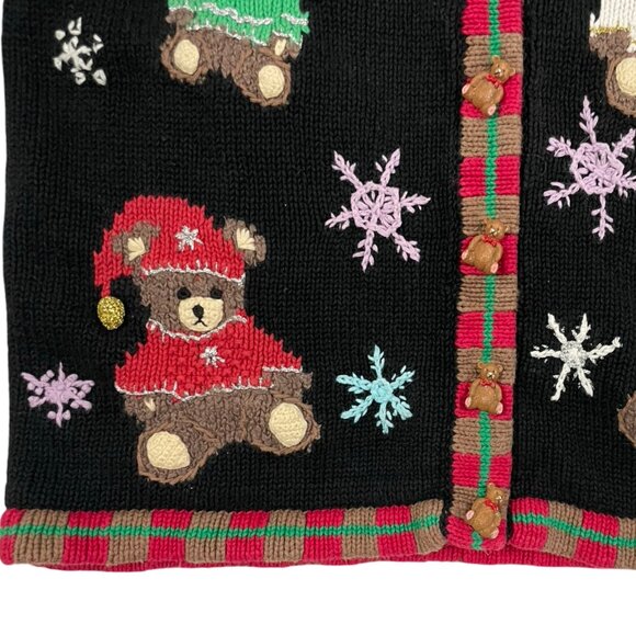 Vintage Teddy Bear Sweater Button Front Cardigan Winter Theme Ramie Cotton 1980s - Picture 3 of 4